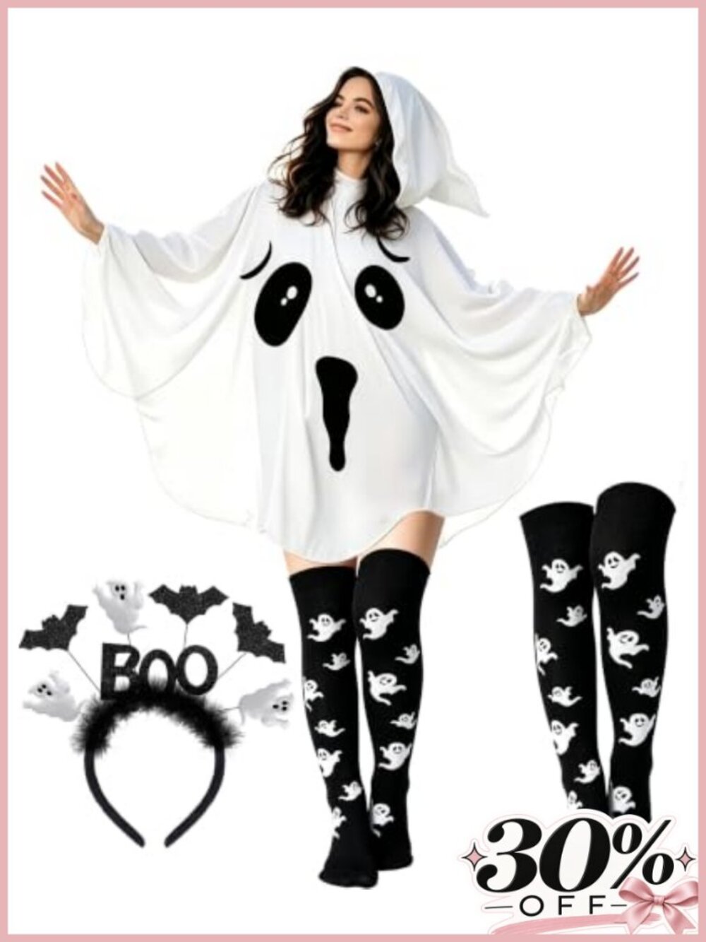 3-Piece Ghost Halloween Costume Set for Women Boo Headband Cape Socks
